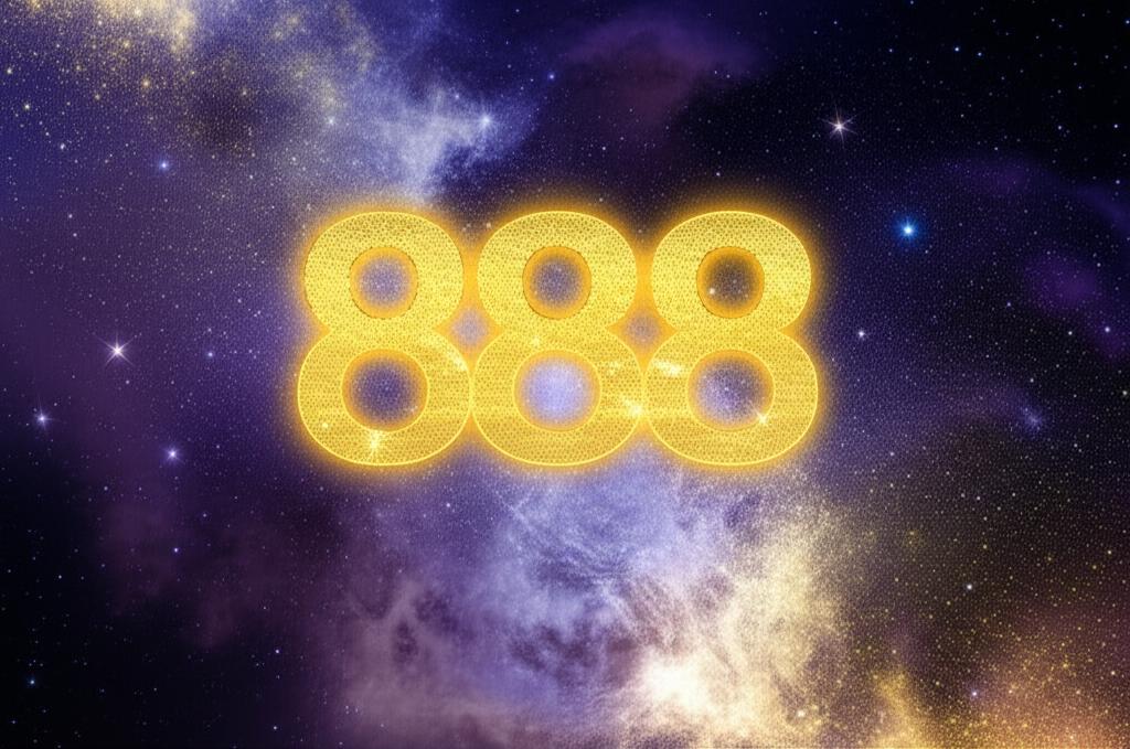Luminous golden 888 shimmers against a swirling, starlit cosmic backdrop, symbolizing abundance and infinity.
