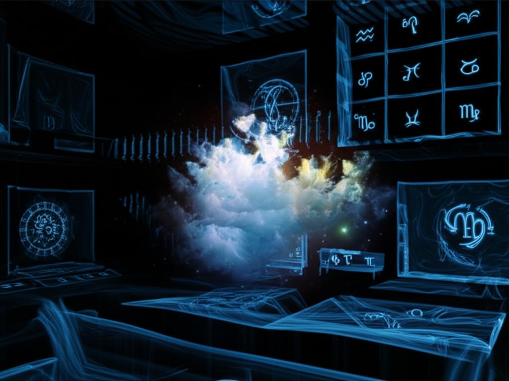 A beautifully rendered cosmic house interior, with various rooms glowing subtly, each containing faint astrological symbols or ethereal light, suggesting inner self exploration.