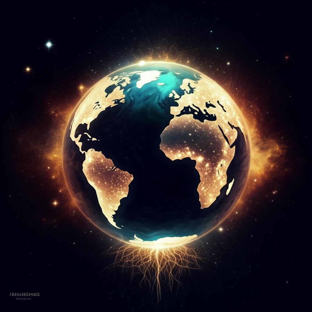 A majestic, ancient tree with deep roots extending into fertile, glowing earth, symbolizing grounding and stability.