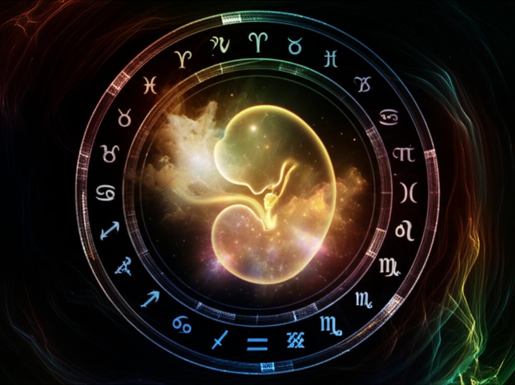 Glowing cosmic nebula shapes a nascent embryo, surrounded by mystical zodiac signs.