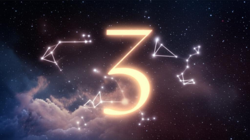 A vibrant, swirling cosmic representation of the number 3, surrounded by light and artistic elements, symbolizing creativity and expression.