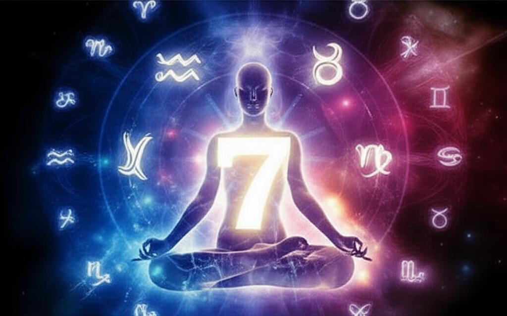 An ethereal figure meditating amidst swirling cosmic energies and glowing numerology symbols, representing the spiritual seeker's journey.