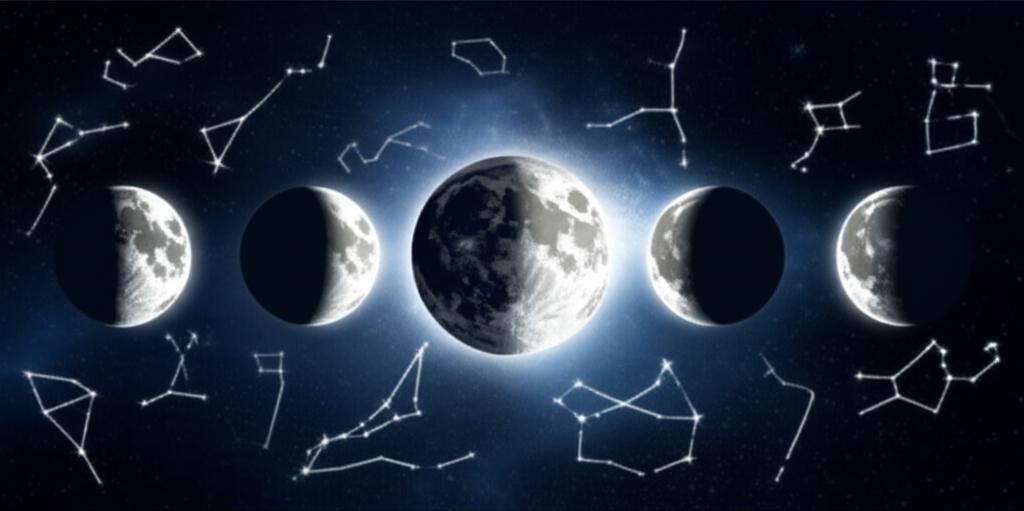 Dreamy lunar phases illuminate a cosmic sky with shimmering astrological constellations.