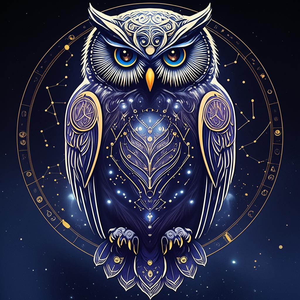 A majestic owl with piercing golden eyes, its feathers blending into a starry night sky, symbolizing wisdom and hidden knowledge.