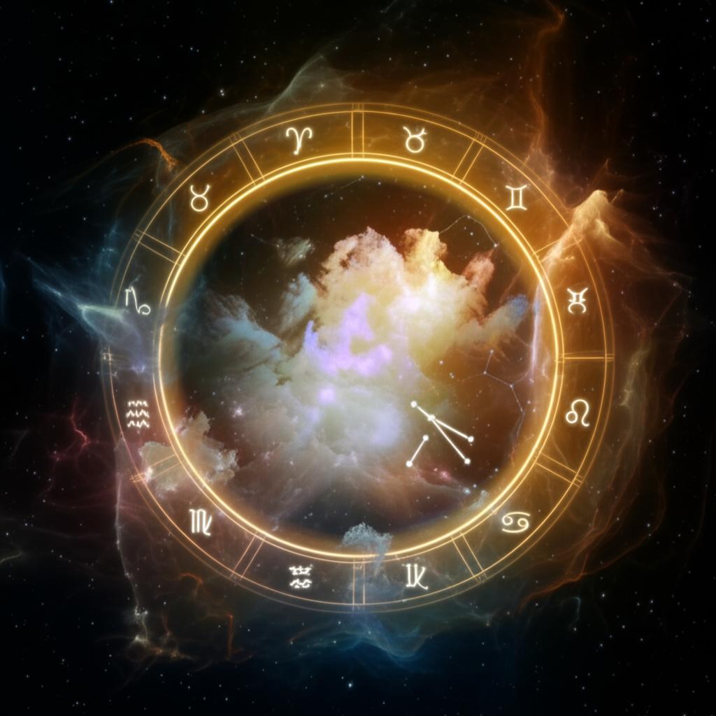 Ethereal golden ring, encircled by glowing constellations in a cosmic nebula.