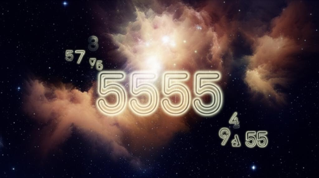 Luminous 555 numbers float in a vibrant cosmic nebula, hinting at destiny's shift and profound transformation.