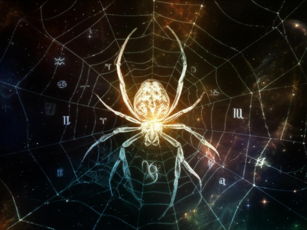 A majestic, slightly luminous spider weaving a shimmering, intricate web against a soft, mystical background, symbolizing fate and creative energy.