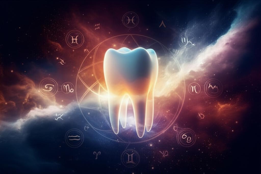 Ethereal tooth floats amidst swirling cosmic nebulae and distant stars, symbolizing the profound spiritual nature of dreams about losing teeth.