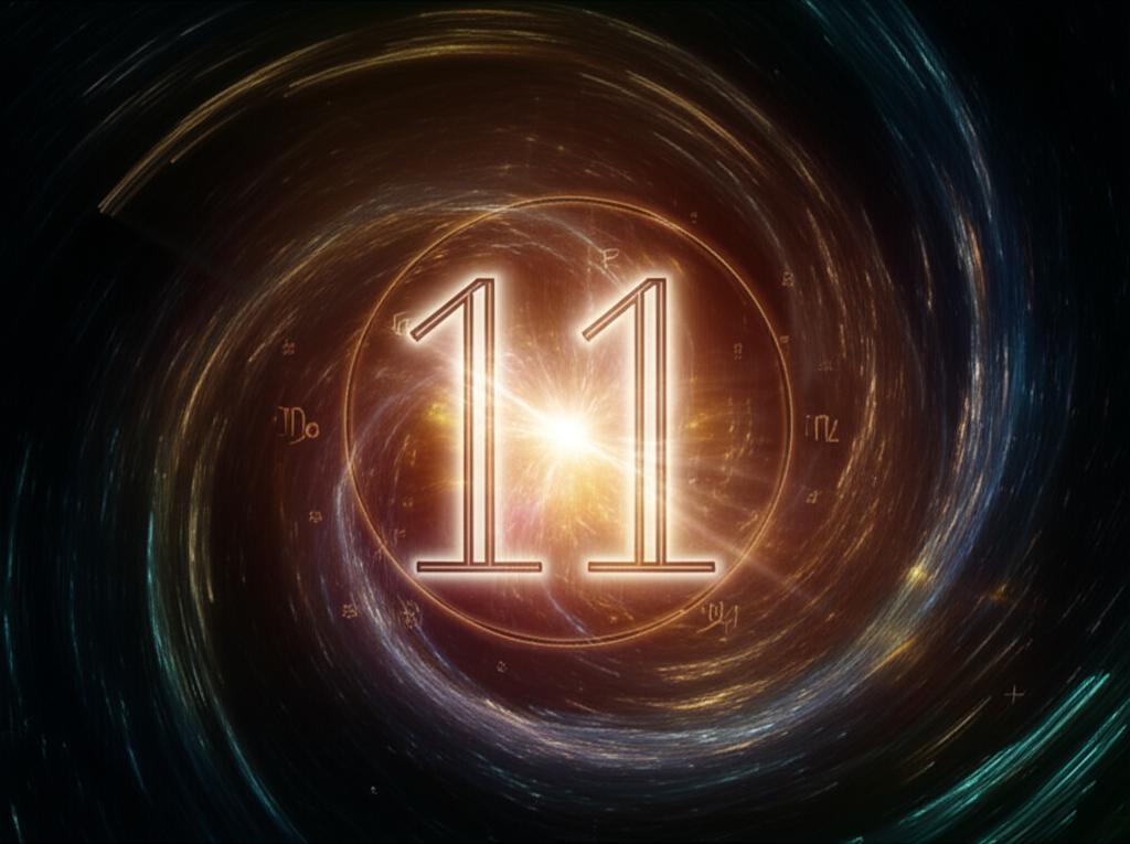 Celestial vortex swirling around the glowing Master Number 11.