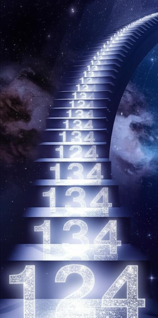 Celestial staircase of shimmering numbers 1234 leading upwards, symbolizing progress and divine guidance.