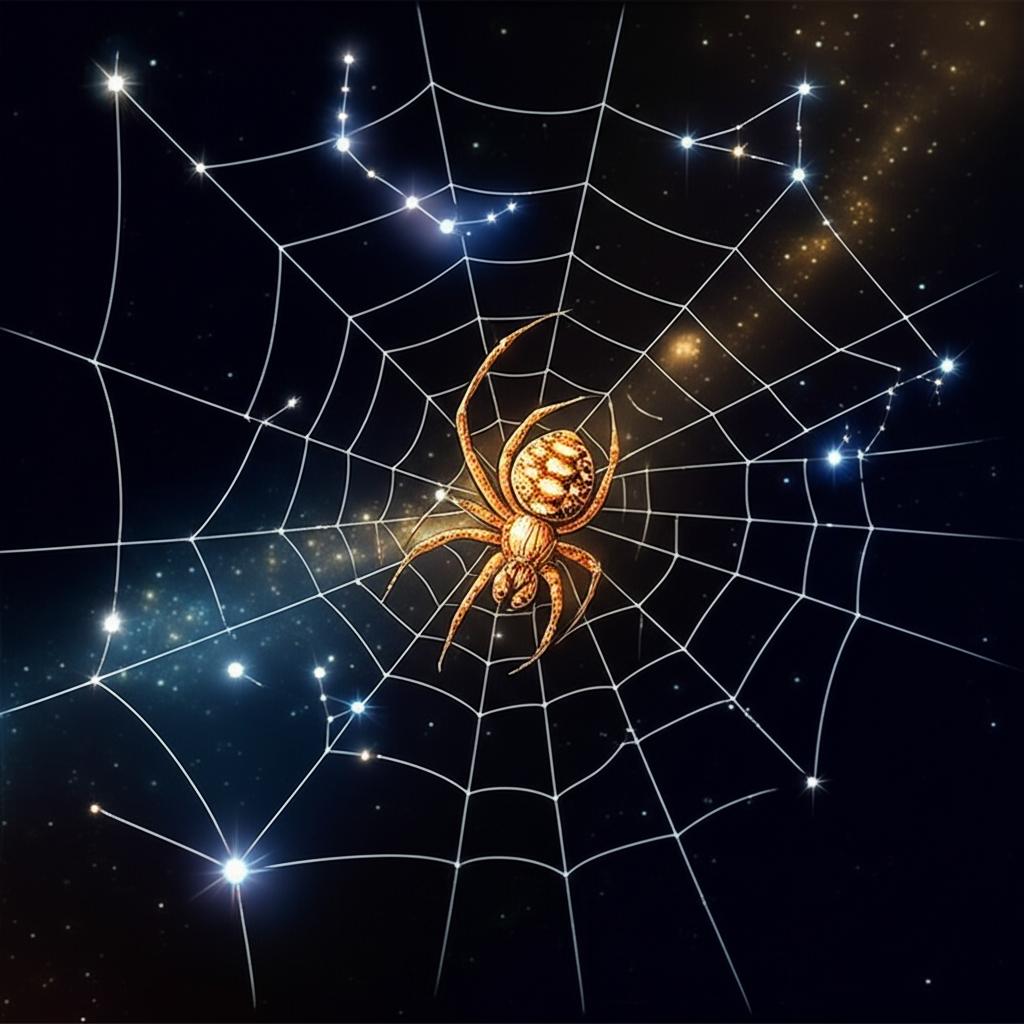 Celestial spider weaving a web of destiny among glowing constellations.