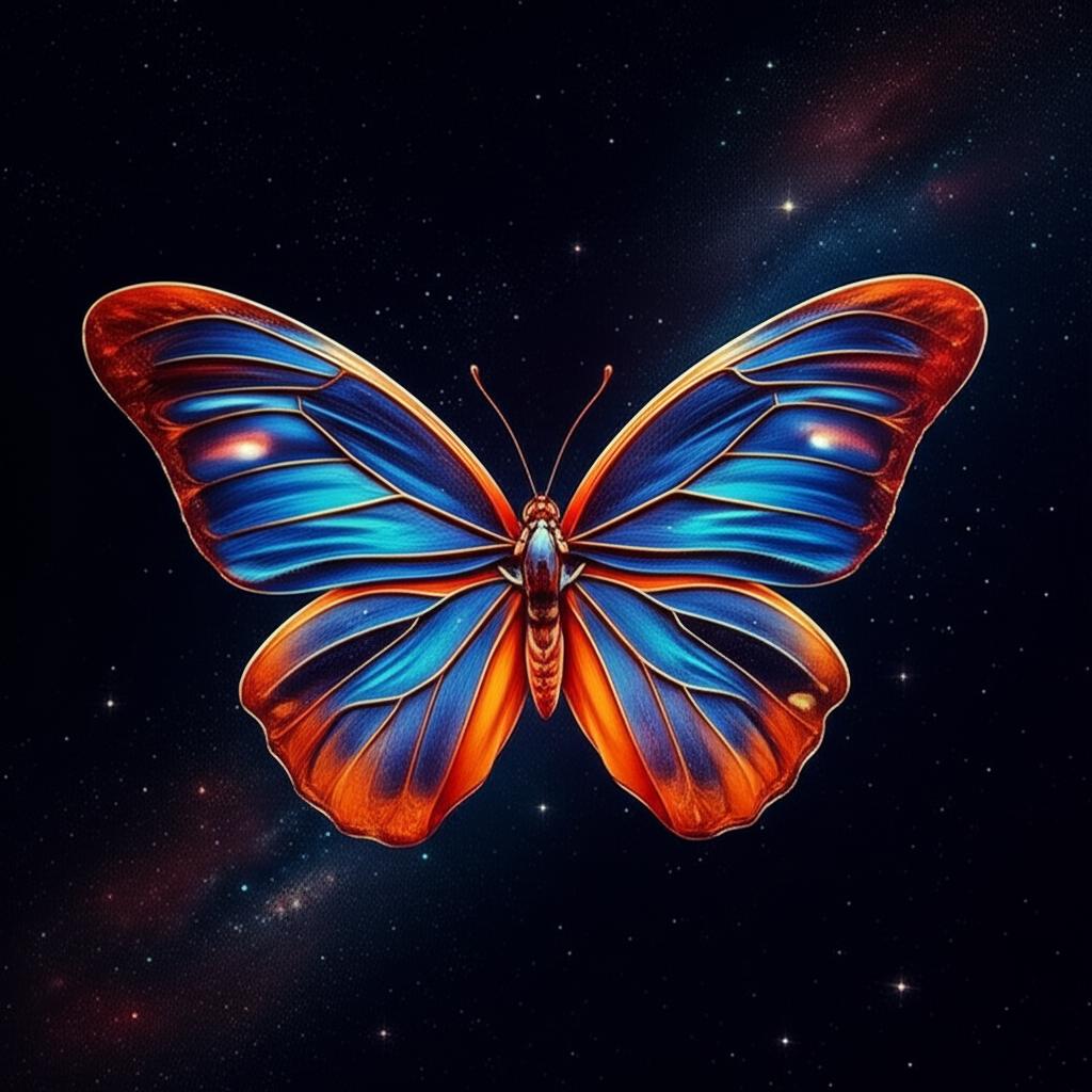 A vibrant butterfly with intricate wings, representing profound transformation and spiritual rebirth, bathed in a soft, ethereal glow.