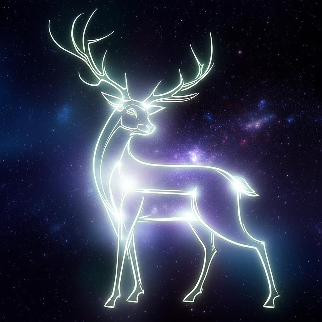 A majestic deer standing peacefully in a mystical forest, light filtering through the trees.