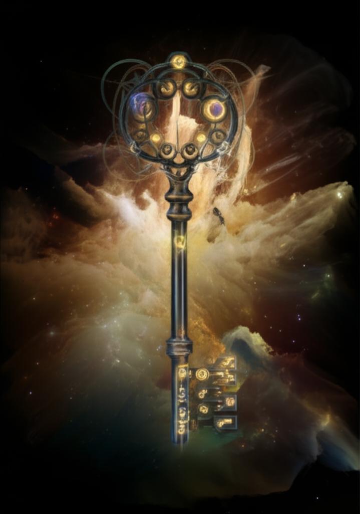 An ornate, antique key glowing with soft light, set against a backdrop of swirling cosmic dust and faint star patterns, suggesting mystery and potential.