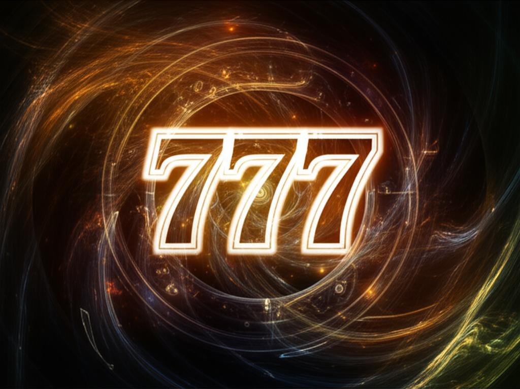 Ethereal 777 numbers glowing in a cosmic vortex, signaling divine luck.