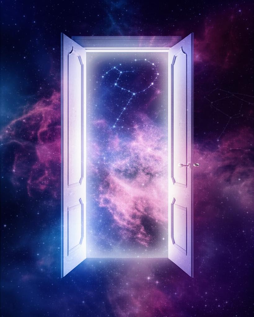 Astral doorway shimmering with starlight, constellations, and nebulae.