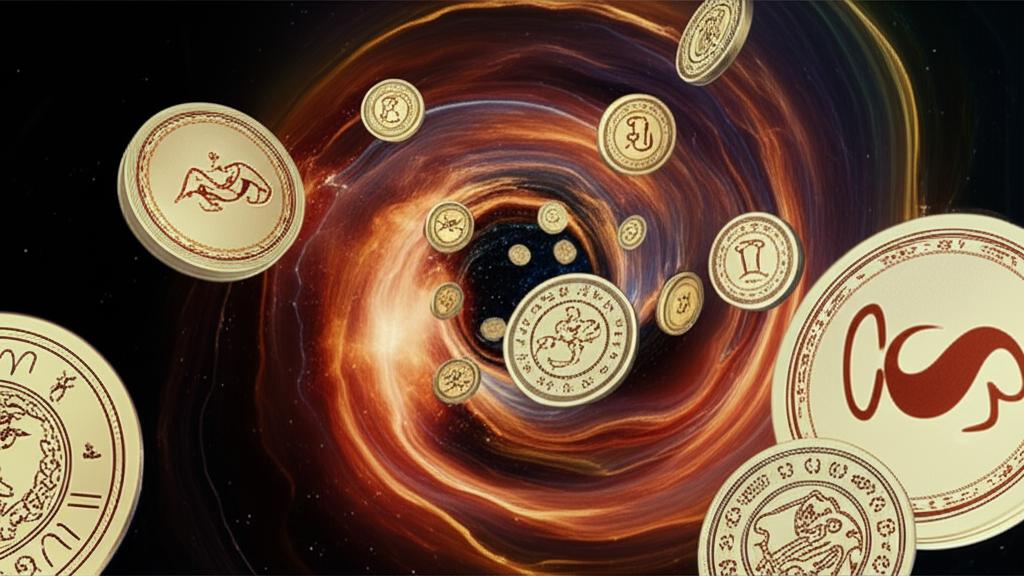 A collection of shimmering coins, including pennies, dimes, and quarters, illuminated by a warm, ethereal glow on a mystical background.