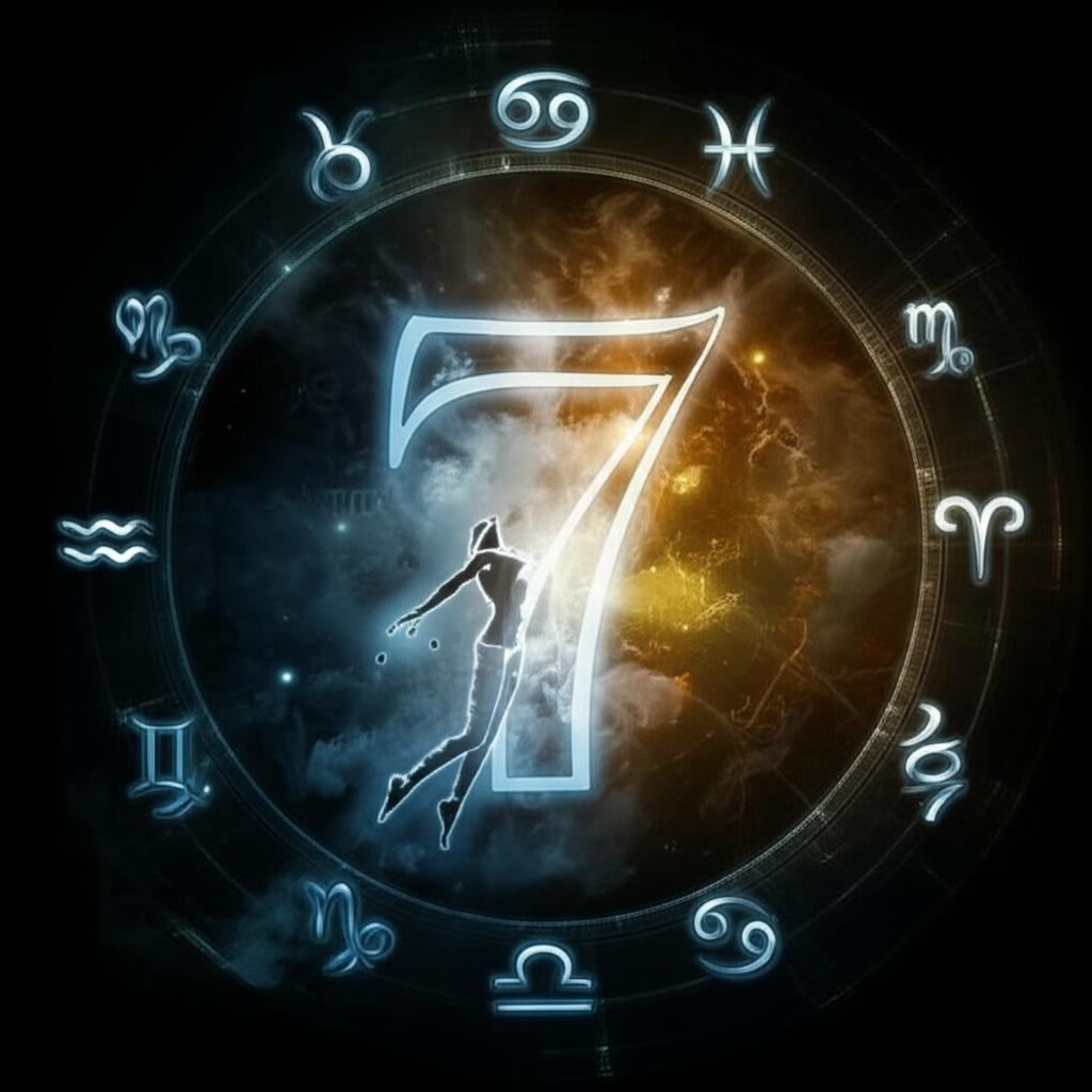 Dreamer soaring through a cosmic sky, illuminated by glowing astrological and numerological symbols.