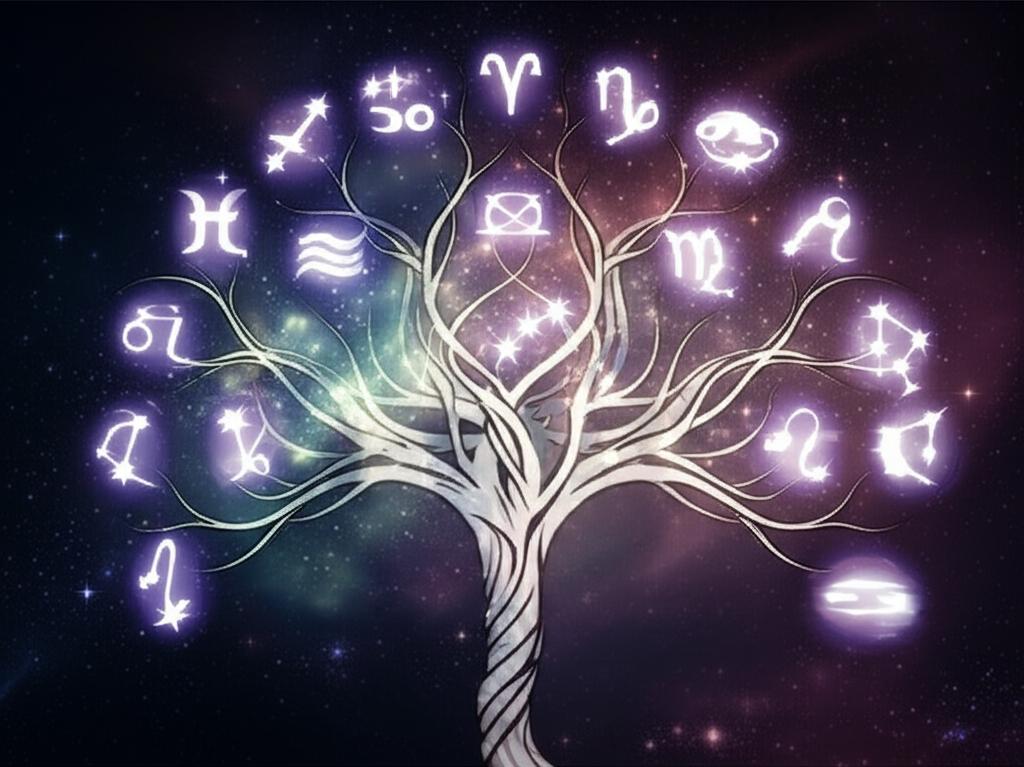 Celestial Tree of Life, branches blossoming with glowing zodiac constellations.