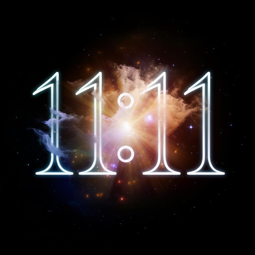 A clock displaying 11:11 with a cosmic, star-filled background, symbolizing a moment of spiritual awakening and alignment.