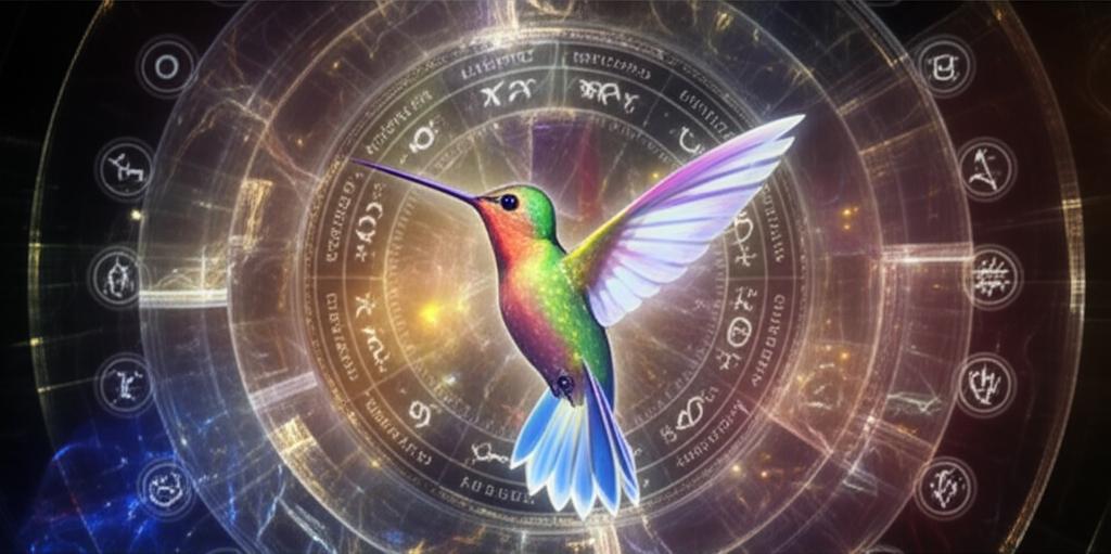 A vibrant hummingbird hovers gracefully near a blooming flower, surrounded by a soft, ethereal glow.