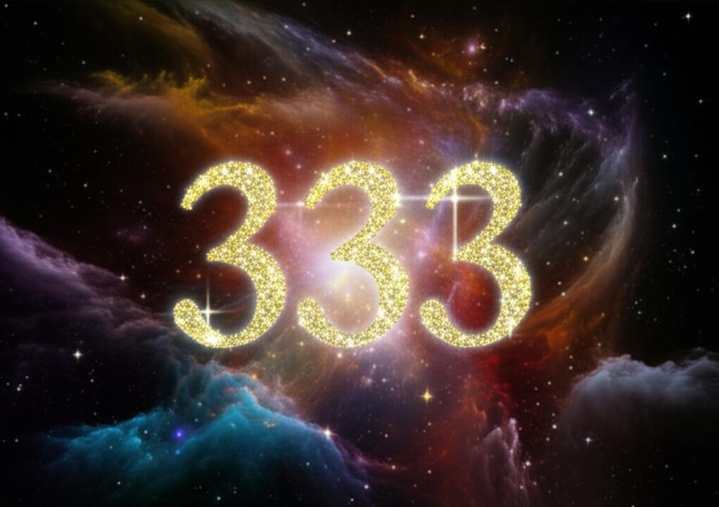 Glimmering 333 symbol floating in a vibrant, swirling cosmic alignment.