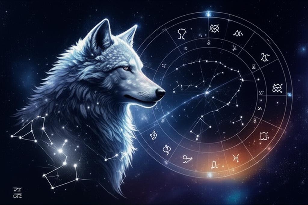 A majestic wolf spirit, outlined in starlight, gazing intently at a cosmic constellation, embodying intuition and connection.